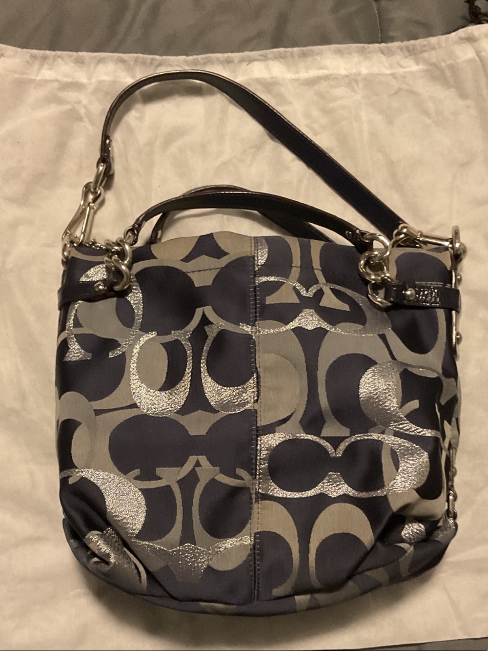 Coach Navy and Silver Metallic Signature Shoulder Bag